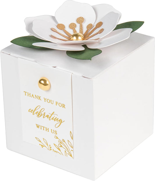 FEIYI 20 PCS Favor Boxes, 3 In 1 White Candy Boxes with Floral Decor, White Thank You Tags Gold Foil Print Gift wrapping for Wedding, Baby Shower, Birthday, Decorations Party - 2.55x2.55x2.55