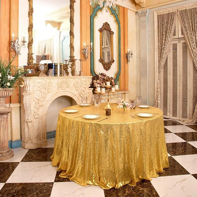 Juya Delight 120-Inch Round Gold Sequin Tablecloth for Wedding Birthday Party Festival Ceremony Dessert Table