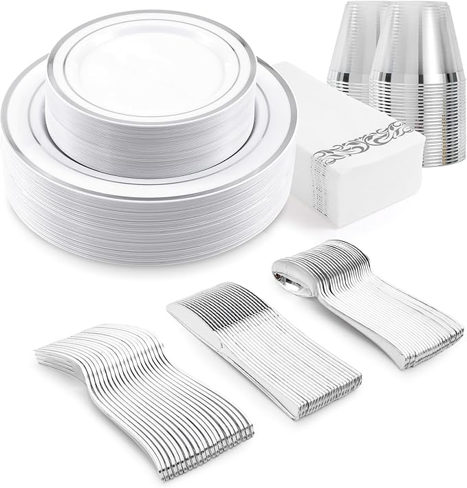 350-Piece Silver Rim Plastic Dinnerware Set for 50 Guests, Elegant Disposable Dinnerware for Party, Wedding, Includes Dinner Plates, Dessert Plates, Silverware, Napkins, Cups
