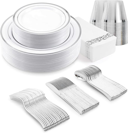 350-Piece Silver Rim Plastic Dinnerware Set for 50 Guests, Elegant Disposable Dinnerware for Party, Wedding, Includes Dinner Plates, Dessert Plates, Silverware, Napkins, Cups