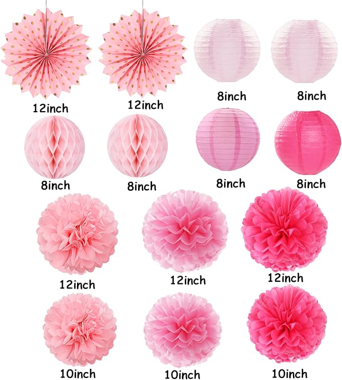 Rose Hot-Pink Valentines-Day Party-Decorations Streamers - 14pc Girl Birthday Baby Shower Paper Lanterns Fan,Tissue Pom Poms,Honeycomb Balls,Bachelorette Bridal Wedding Supplies Decor Lasting Surprise
