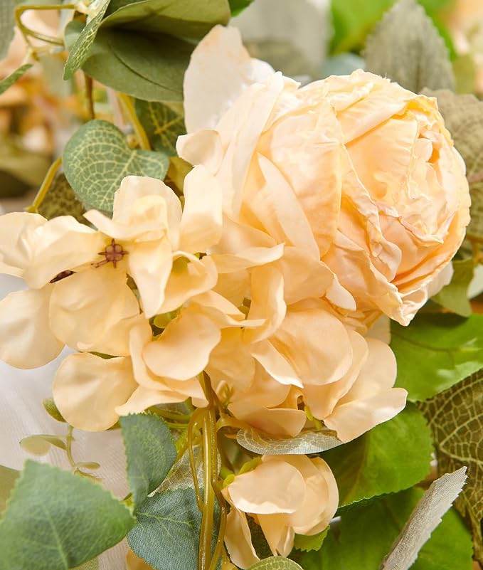 PONKING Flower Garland Artificial Rose & Hydrangea Vine Hanging Fake Flowers Vines for Wedding Birthday Party Valentines Christmas Room Wall Arch Decor, 1 Rose & 1 Hydrangea Champagne Floral Garland