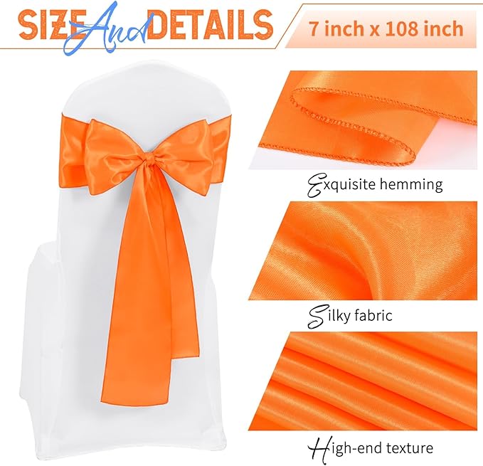 60 PCS Orange Satin Chair Sashes, Ties Bows Designed Chairs Decorative, Chair Cover Sashes for Thanksgiving Wedding Christmas Banquet Party Home Kitchen Decoration (7 x 108 inch)