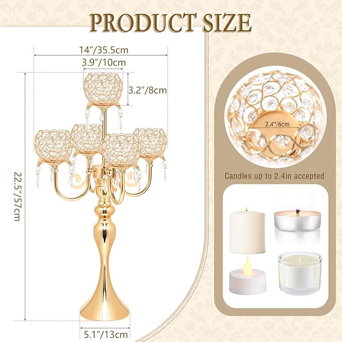2Pcs Elegant 5-Arm Tea Light Crystal Candle Holder with Pendant Chain & Round Crystal Bowl - 22.5 Inch Tall Gold Wedding Table Centerpiece for Holiday Events, Parties & Home Decor