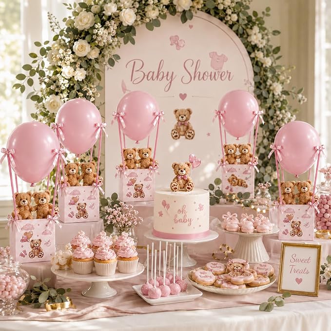 Cinrobiye 12 Sets Teddy Bear Baby Shower Centerpieces for Tables, Bear Favor Boxes with Balloons, Ribbons Paper Straws, DIY Table Decorations for Gender Reveal, Baby Shower, Birthday Party Supplies