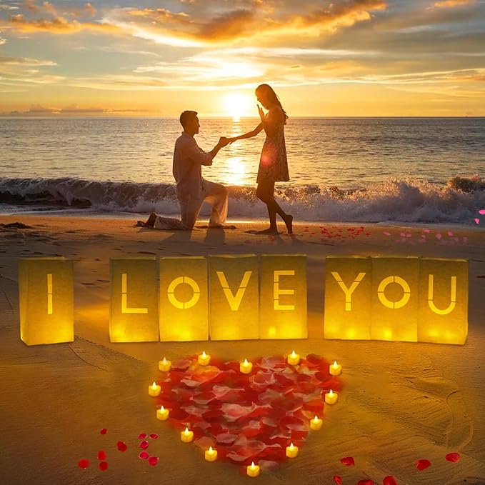 Valentines Day Decorations, Special Night Romantic Decorations - I Love You Light Up Letters Luminary Bags with Bright Flameless Tea Candles and Fake Rose Petals, Happy Anniversary