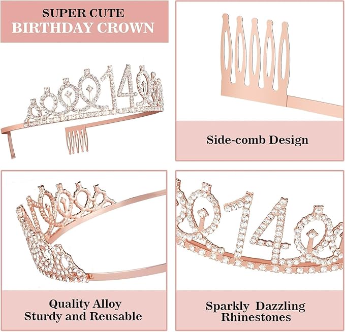 14th Birthday Decorations for Girls with 14th Birthday Sash and Tiara, Cake Topper and Candles, Number Balloons, Greeting Card, 14 Year Old Gifts for Girls