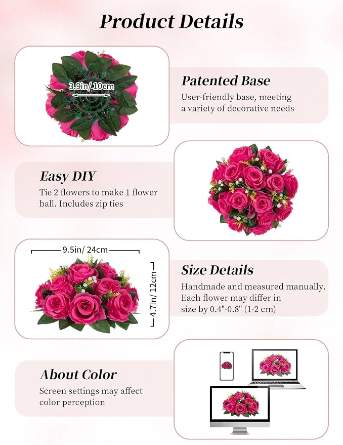 BLOSMON Pink Roses Artificial Flowers: 6 Pcs Fake Flower Balls Table Decor | Wedding Dinning Table Centerpieces - Fake Silk Kissing Bouquet with base for Home Party Event Decor