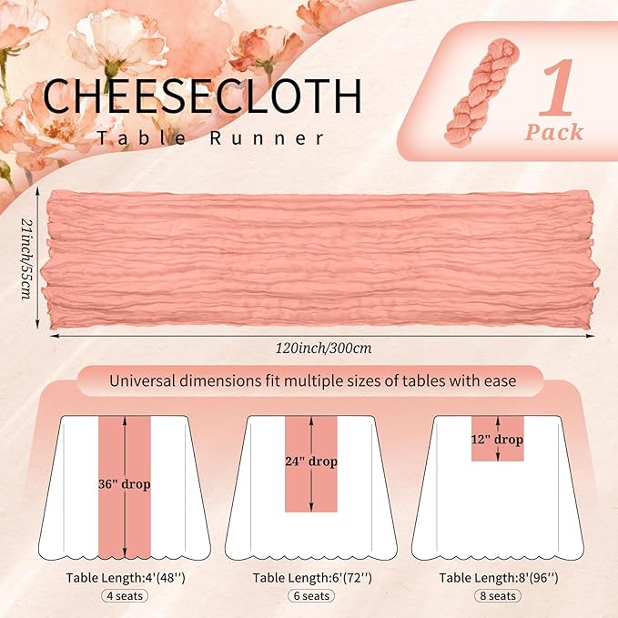 1 Pack Cheesecloth Table Runner 10FT Coral Table Runner Boho Gauze Cheese Cloth Table Runners Long Rustic Sheer Table Decorations for Wedding Party Baby Bridal Shower Birthday Holiday Home