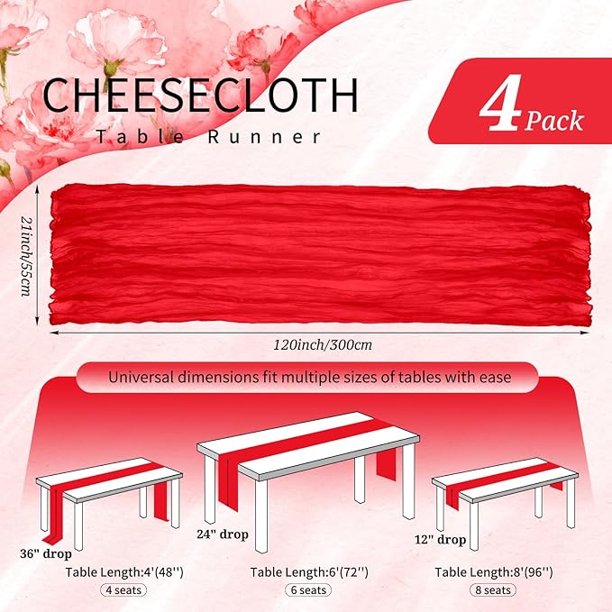 4 Pack Cheesecloth Table Runner 10FT Red Table Runner Boho Gauze Cheese Cloth Table Runners Long Rustic Sheer Table Decorations for Wedding Party Baby Bridal Shower Birthday Holiday Home