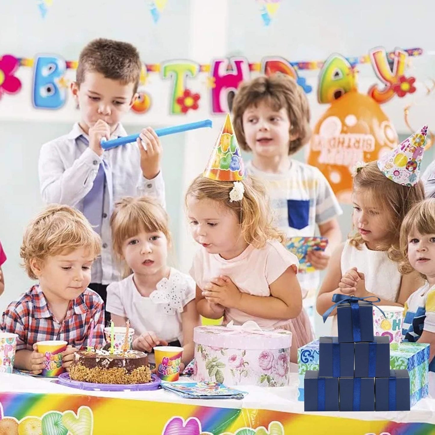 COTOPHER 100pcs Wedding Favor Boxes, Paper Gift Boxes 3x3x3 Inches Small Gift Boxes with Ribbons Small Boxes for Gifts, Crafting, Cupcake, Candy, Bridesmaid Proposal Boxes，Easy Assemble Boxes(Navy)