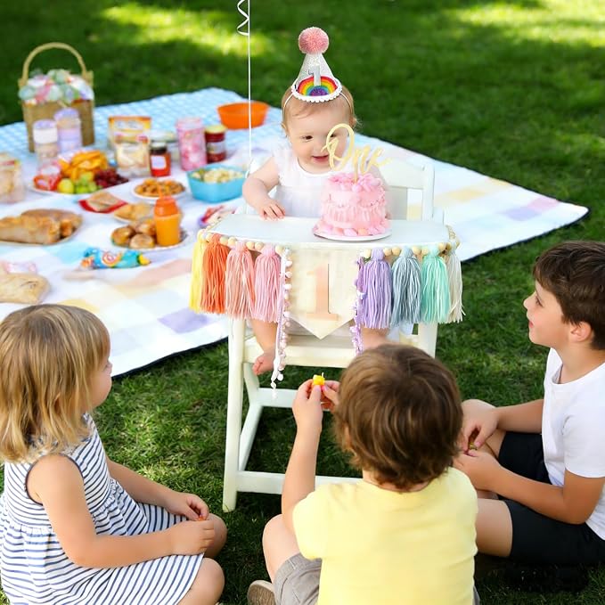 Pastel Rainbow 1st Birthday High Chair Decorations- Boho Macaron Felt Happy Birthday Banner First Birthday Highchair Banner With One Cake Topper & Party Hat, 1st Birthday Party Decorations
