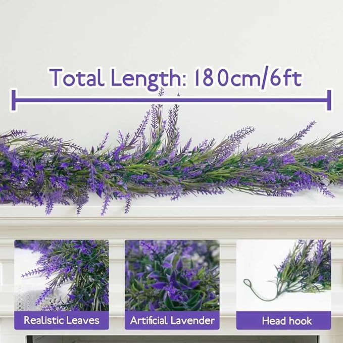 Zerzsy Lavender Purple Artificial Garland, 6Ft Artificial Flower Wreath Vines Decor, All Year Lavender Garlands Decorations for Table Home Wedding Mantle Arch Porch Party (1pcs-Purple)