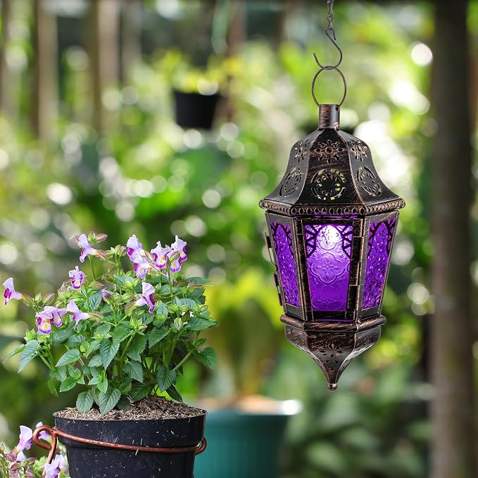 Moroccan Decorations Indoor, 13.6’’ Lantern Decorative Outdoor, Halloween Style Hanging Lantern with Chain for Home Porch Patio Decor, Vintage Metal Christmas Ramadan Candle Holders(Purple)