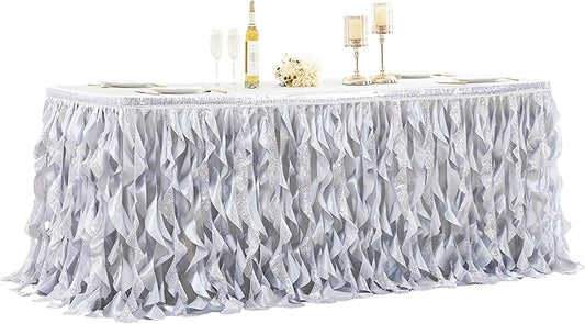 Wish Care 6ft Silver Sequin Table Skirt for Rectangle Tables Silver Curly Willow Tutu Skirting Ruffle Table Cloth Glitter Desk Skirts for Wedding Birthday Space Theme Party Banquet Table Decorations