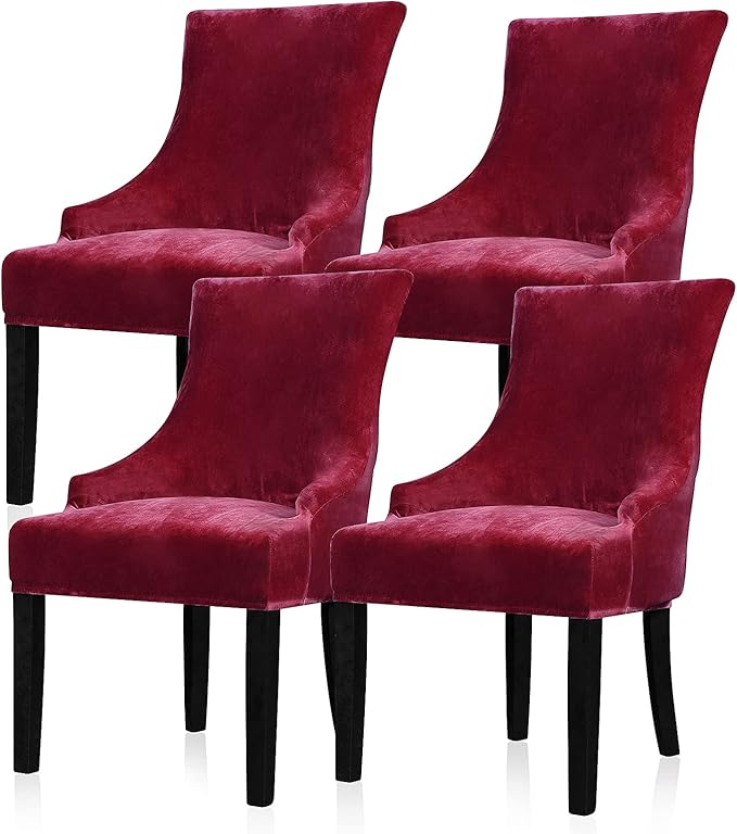 Lellen Velvet Stretch Wingback Chair Cover Slipcover - Reusable Protector Cover for Dining Room Banquet Home Decor etc Machine Washable Hand Washable (Wine, 4PC)