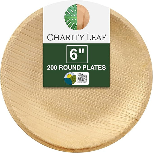 Charity Leaf Disposable Palm Leaf 6" Round Plates (200 pieces) Bamboo Like Serving Platters, Disposable Boards, Eco-Friendly Dinnerware For Weddings, Catering, Events