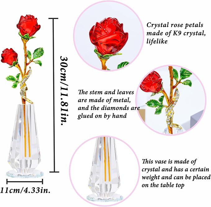 Arikyrist Red Rose Flower Crystal Figurine with Vase, Handmade Bouquet Glass Flowers Ornament Rose Gifts for Wife Girlfriend Women, Crystal Flower Home Table Decor for Valentine Anniversary