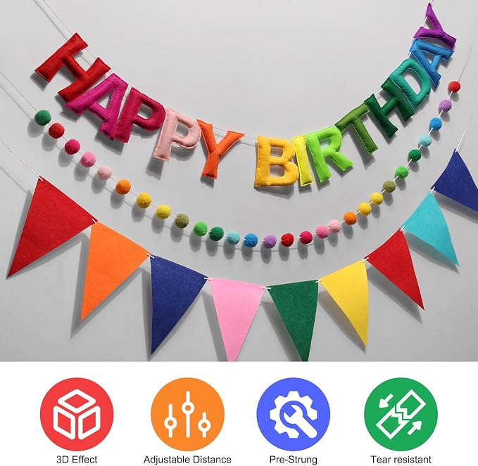 Pre-Strung Happy Birthday Banner, Reusable Felt Birthday Party Decorations, 3D Effect Happy Birthday Sign with Felt Ball Garland, Pennant Flag, Hanging Paper Fans for Men Women Boy Girls (Rainbow)