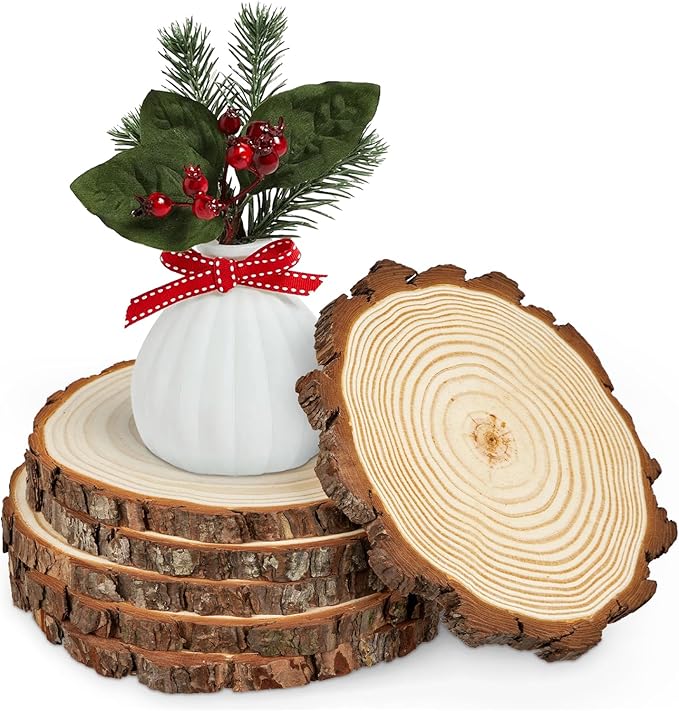 Large Unfinished Natural Wood Slices - 6 Pcs Natural Round Discs Rustic Wood Slices 7.9-9 Inch Wooden Tree Bark Discs for DIY Crafts Centerpieces Table Base Decoration Wedding Ornaments Coasters