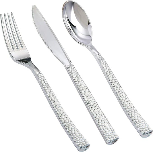 Supernal 360pcs Silver Plastic Cutlery,Elegant Plastic Silverware,Silver Hammed Silverware,Disposable Flatware,Include 120 Forks,120 Knvies,120 Spoons,Perfect for Birthday,Party,Wedding