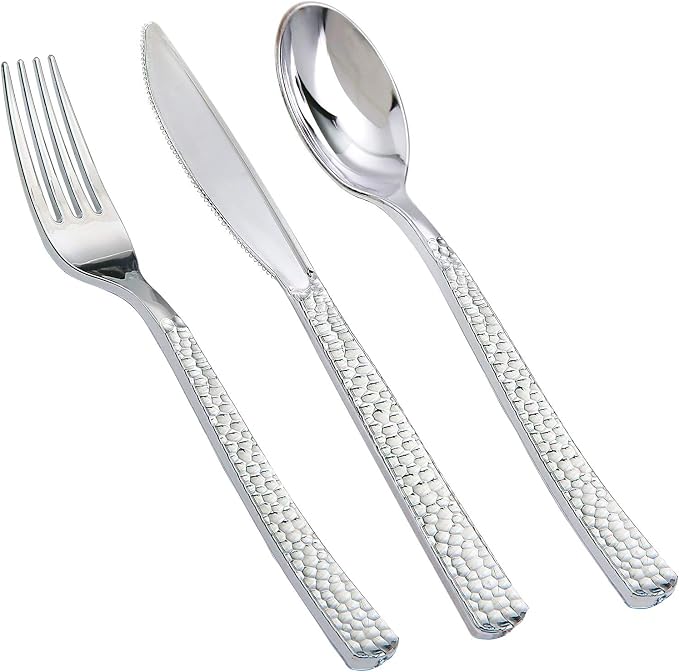 Supernal 180Pcs Silver Plastic Silverware Set, Elegant Hammered Design Heavy Duty Disposable Cutlery, Includes 60 Forks, 60 Knives, 60 Spoons,Silver Plastic Utensils for Wedding, Parties,Events
