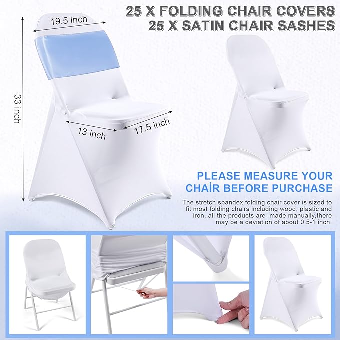 Lounsweer 50 Pcs Folding Chair Cover Set with 25 Stretch Spandex Slipcovers 25 Satin Chair Sashes Bows Ribbon Washable Banquet Protector for Wedding Event Party(White, Sky Blue)