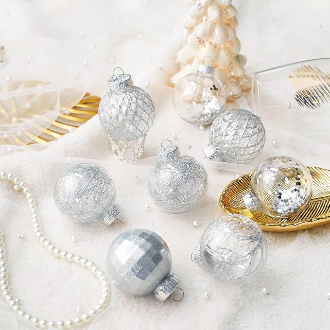 CristBest 30ct Christmas Ball Ornaments-60mm/2.36" Shatterproof Clear Plastic Xmas Balls Baubles Set with Stuffed Delicate Sparkling, Hanging Christmas Tree Decorations(Silver)