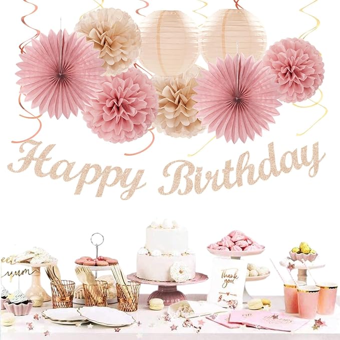 Blush-Pink Champagne Beige Happy-Birthday Party-Decorations - 31pcs 15th Women Girls Paper Lanterns Streamers Banner,Rose Gold Tissue Flowers Pom Poms Fans Tassels Graland Decor Supplies Hugmoon