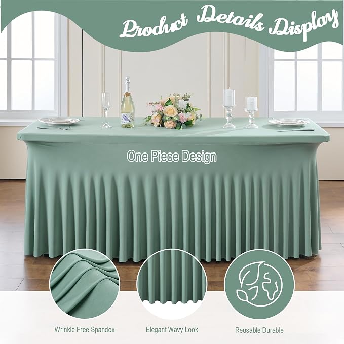 4 Pack Sage Green Spandex Fitted Tablecloths for 6 Foot Rectangle Tables, Sage Green Stretch Table Cloth with Table Skirt, Wrinkle Free Spandex Table Covers 6ft for Parties, Weddings, Trade Shows