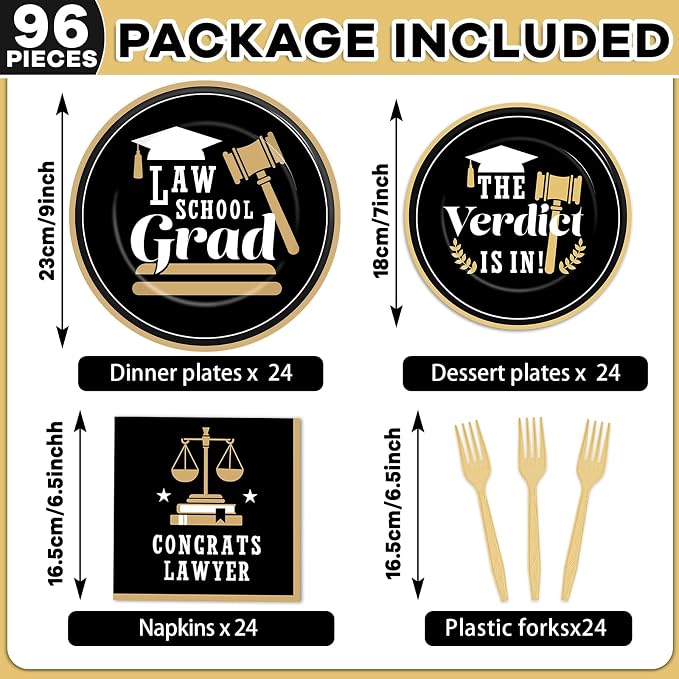 96PCS Law School Graduation Party Supplies Lawyer Congrats Grad Paper Plates and Napkins Black and Gold Congratulate Disposable Dessert Tableware for Class of 2026 Graduation Decor for 24 Guests