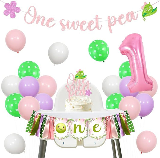 One Sweet Pea Birthday Decorations Pink, Sweet Pea Themed 1st Banner High Chair Banner and Cake Topper Latax Ballons and Number 1 Foil Ballon Kit for Pea First Birthday Party Supplies