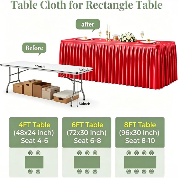 6 Packs Red Satin Tablecloths Rectangle 6FT, Glitter Spandex Fitted Stretch Table Covers Wrinkle-Free Floor Length Shimmer Table Skirt for Weddings Parties Baby Shower Banquets Vendor Events