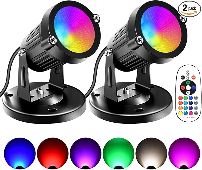 FZWLE Christmas Spot Lights Indoor, 5W RGBW Uplighting 16 Color Changing Up Lights Indoor with Remote Control, Plant Spotlight Decorative (2 Pack with Base and Stake)