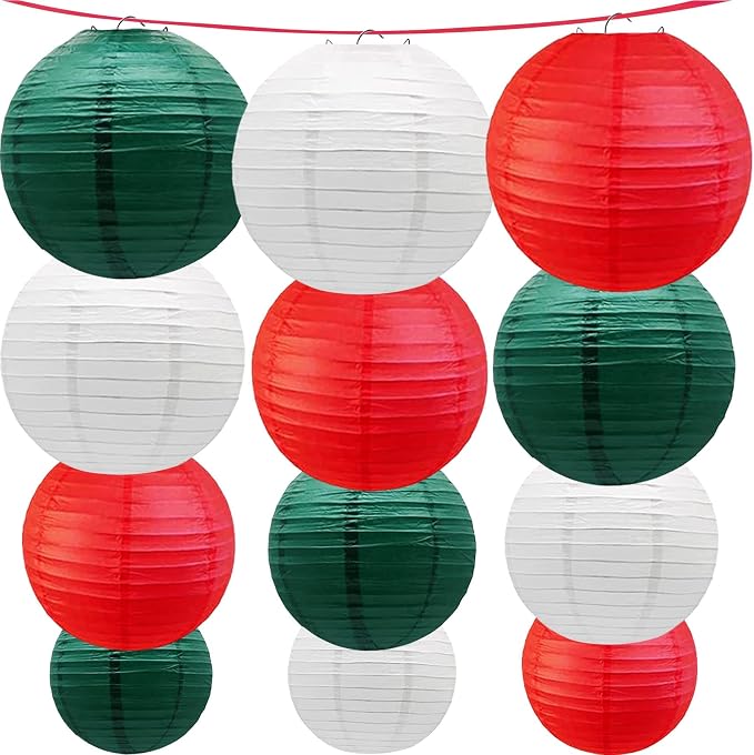 Red -White and Green Paper Lanterns 12Pcs Hanging Lanterns for Christmas Theme, Wedding, Birthday Party, Baby Shower Festive Decoration