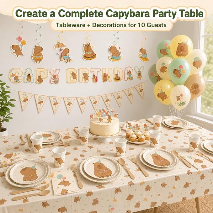 120 PCS Capybara Birthday Party Supplies for 10 Guests, Cute Animal Theme Decorations and Tableware Set with Banner, Balloons, Plates, Cups, Napkins, Cutlery, Tablecloth, and Toppers