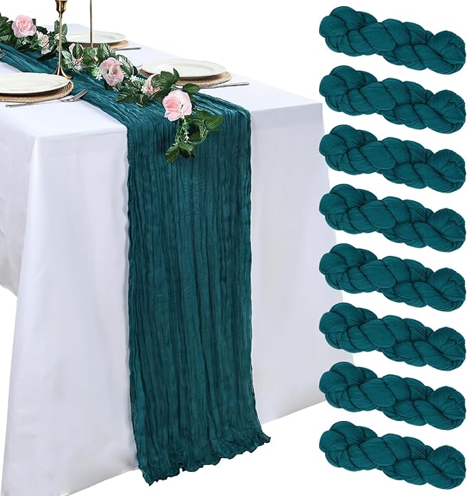 8 Pack Teal Cheesecloth Table Runner Easter 10ft Boho Gauze Fabric 120 Inch Cheese Cloth Table Runner Rustic Sheer for Spring Romantic Baby Shower Party Birthday Home Holiday