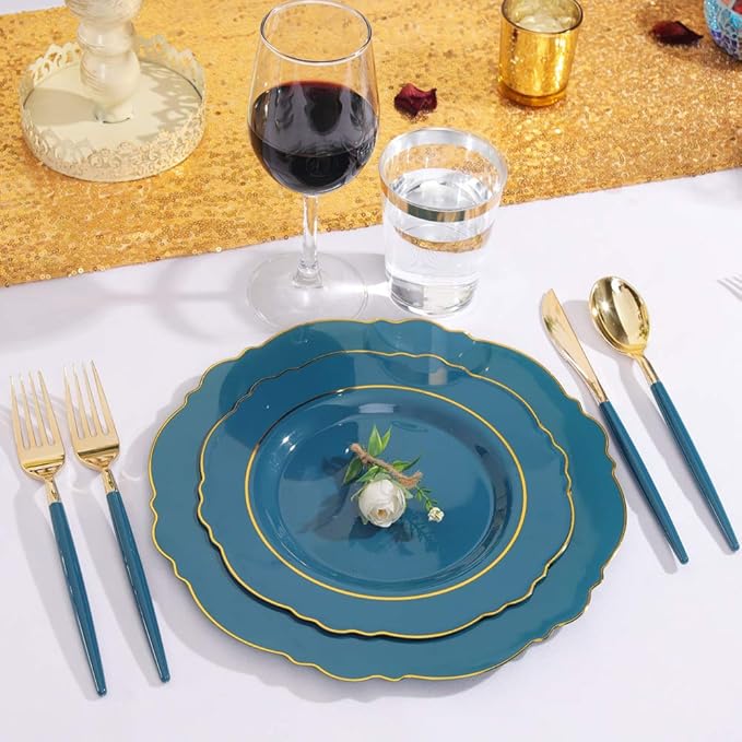 Nervure 100PCS Teal Plastic Plates With Gold Rim & Gold Disposable Silverware with Teal Handle Include 40 Plates, 60 Plastic Sivlerware for Party & Wedding