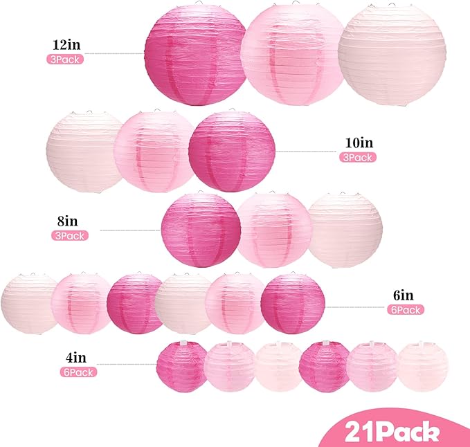 21Pcs Pink Paper Lanterns,4"6"8"10"12" Hanging Round Paper Lanterns Decorations Indoor Outdoor with Tape and String for Graduation Birthday Barbie Party Galentines Day Baby Shower Decorations