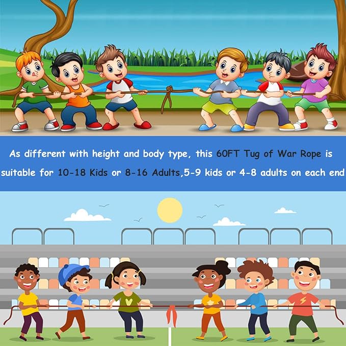 60FT Tug of War Rope - Outdoor Games for Adults and Family, Field Day Game, Yard Games Kids and Adults Carnival Birthday Party, Picnic, Team Building Outdoor Activities