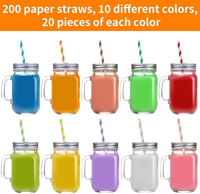 200Pcs Biodegradable Straws, 10 Colors Striped Paper Straws, Disposable Drinking Straws for Cocktail, Coffee, Lemonade