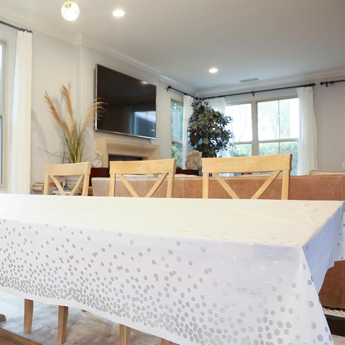Plastic Tablecloth Roll – 54" x 100' Plastic Tablecloths for Parties Disposable with Cutter Box - Cut to Size Disposable Tablecloth for Rectangle & Round (Silver Dots-White)