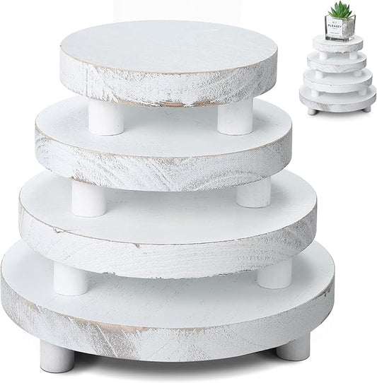 Geetery 4 Pcs Wooden Risers for Display Wood Pedestal Stand Mini Tray Stand Round Wooden Pedestal Holder Rustic Riser for Decor Tiered Tray Decor Home Kitchen, 5/6/7/8 Inch(White)