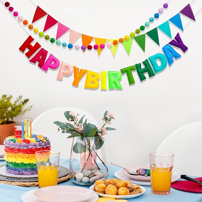 3 Pcs Pre-Strung Reusable Happy Birthday Banner, Handmade Wool Felt Ball Garland, Triangle Flags, Personalized Felt Holiday Sign Pom Pom Garland for Rainbow Party Decorations Fireplace Mantel Wall Window (Birthday Banner + Flags + Rainbow Balls)