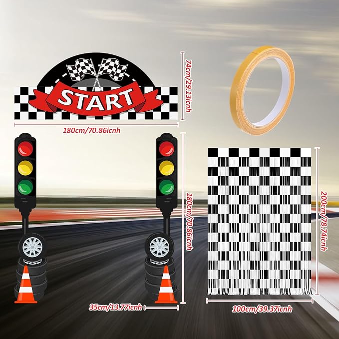 Peryiter 5 Pcs Race Car Birthday Party Decorations, Race Car Party Decorations Include Checkered Flag Arch Traffic Light Cutouts Tinsel Curtains Double-sided Tape for Racing Photo Booth Event Backdrop