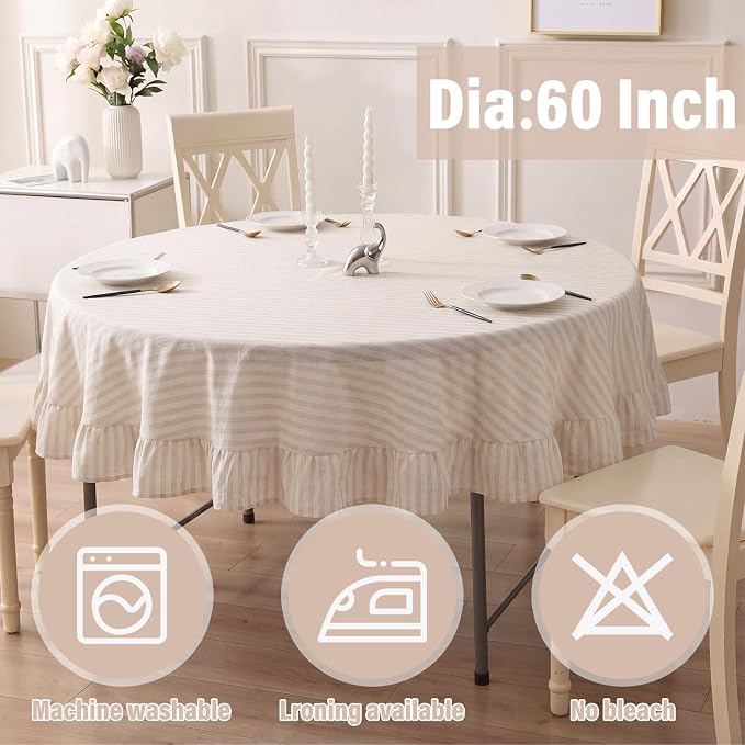Boao Cotton 60 Inch Farmhouse Ruffle Tablecloth Beige White Striped Flounces Trim Table Cover for Round Table Kitchen Party Wedding Decor