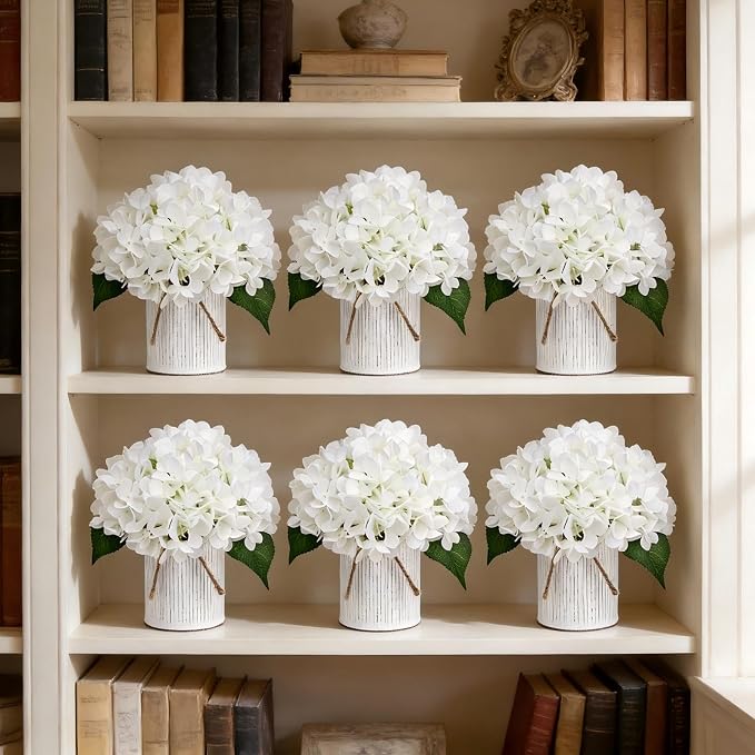 Flower Table Centerpieces - Set of 6 Floral Arrangement Artificial Wedding Hydrangeas Floral Arrangement with Rustic Metal Vase for Bridal Tea Party Event Decorations - Ivory White