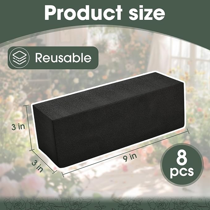 8 Pcs Reusable Floral Foam Blocks, 9" L x 3" W x 3" H Black Dry Flower Foam for Artificial Flowers, Foam for Wedding, Birthdays, Pary, Home Decorations