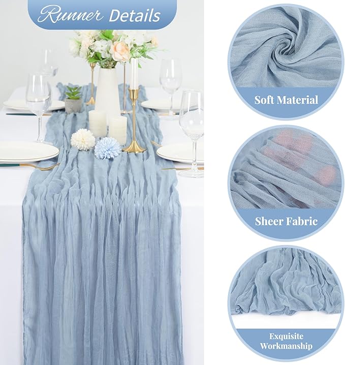 10 Pack Dusty Blue Cheesecloth Table Runner 10FT Boho Romantic Gauze Table Runner 20 x 120 Inch Rustic Sheer Runner for Wedding Party Bridal Shower Thanksgiving Christmas Decoration