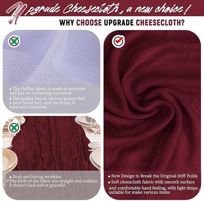 Teruntrue 24 Packs Burgundy Cheesecloth Table Runner,10ft Wine Red Rustic Gauze Boho Wedding Table Runner Decoration, Wedding Table Decor Sheer Table Runner for Wedding Party Bridal Shower Table